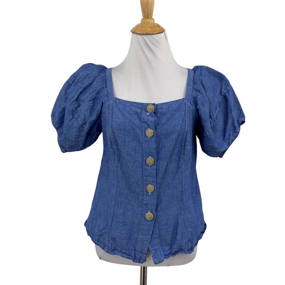 Ann Taylor Top Womens XS Chambray Linen Blend Puff Sleeve Button Front Cropped